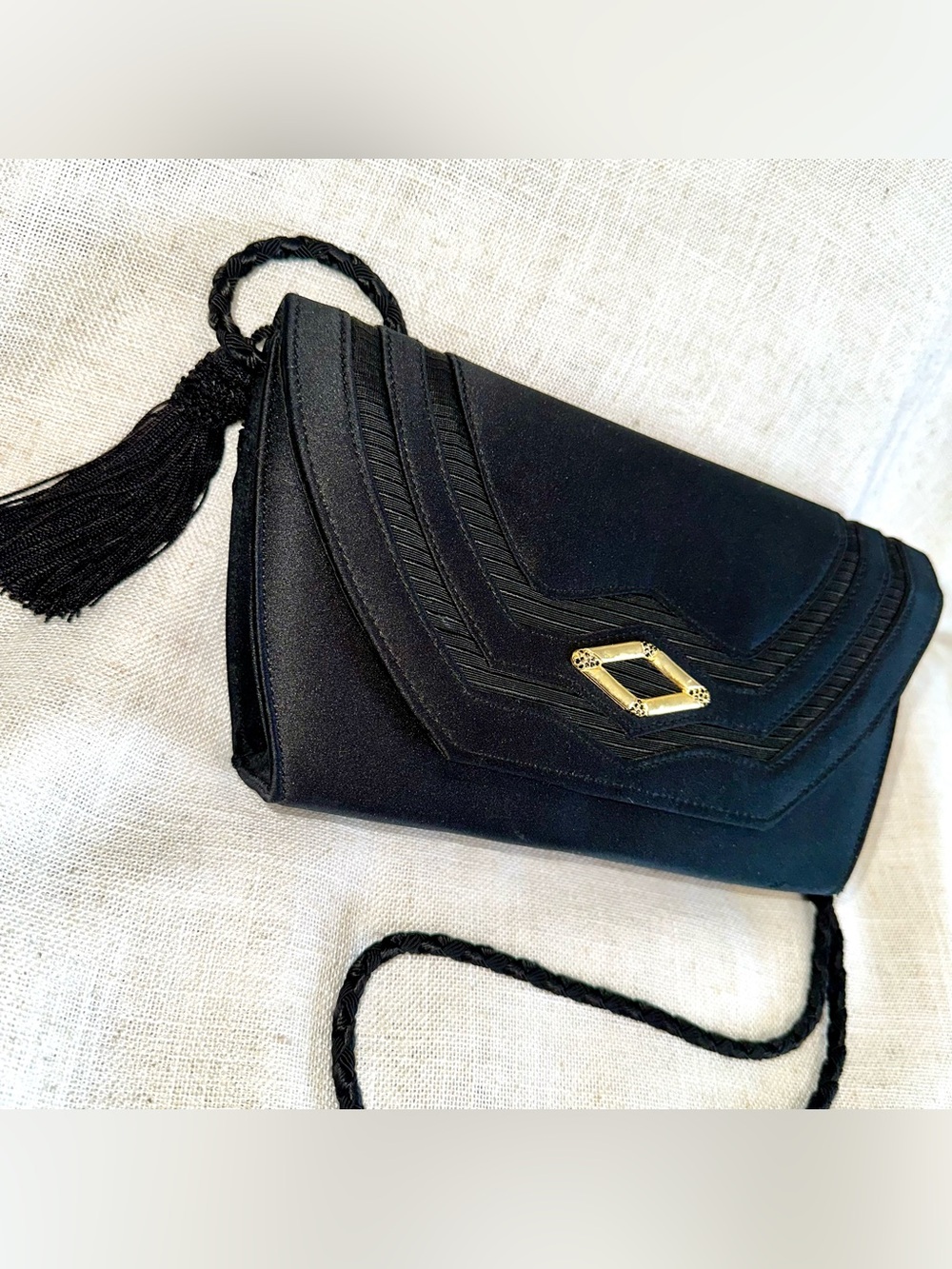 Vintage Oleg Cassini Black Satin Tassel Evening Clutch Crossbody Bag